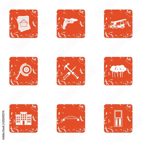 Reconstruction of building icons set. Grunge set of 9 reconstruction of building vector icons for web isolated on white background