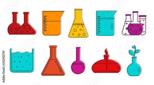 Chemical pots icon set. Color outline set of chemical pots vector icons for web design isolated on white background