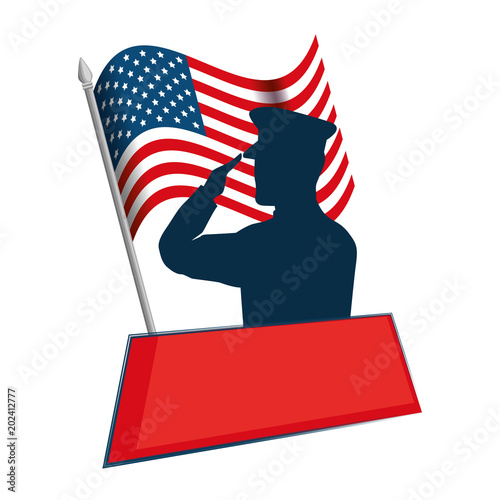 silhouette of military saluting with USA flag vector illustration design