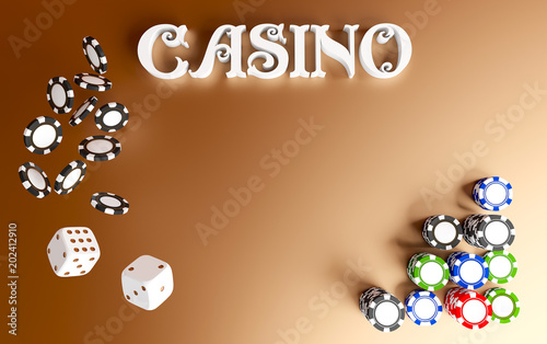 Casino background dice and chips. Top view of white dice and chips on red gold background. Online casino table concept with place for text. Casino sign. 3d rendering © Yury