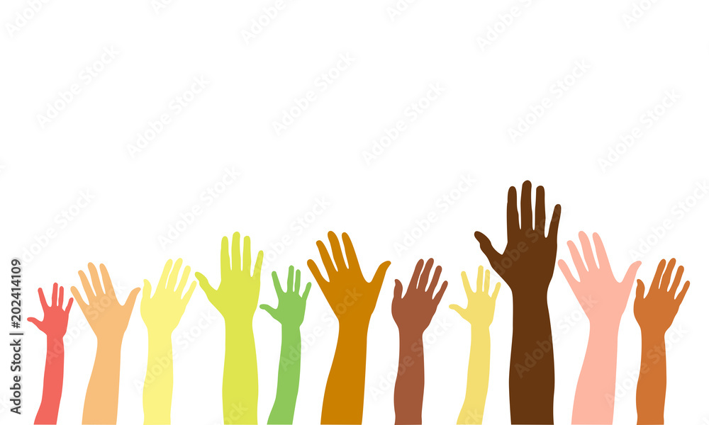 Hands up of different races, colors, nationalities. Vector isolated hand silhouette on white background.