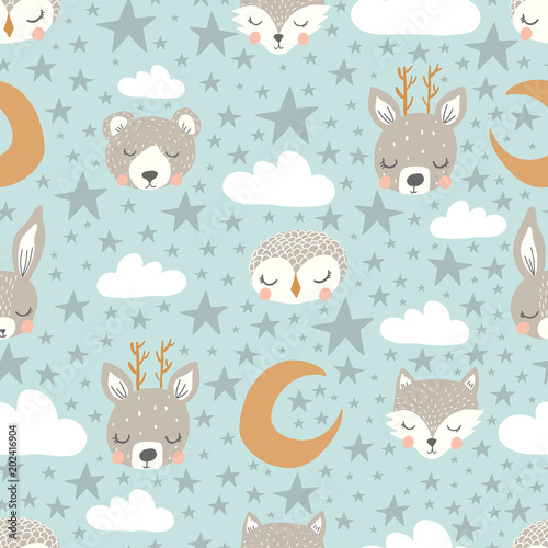 vector little star repeat background. sleepy animals and stars seamless pattern photo