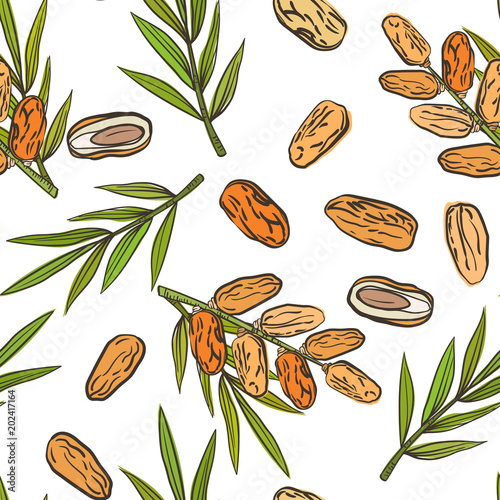 Seamless pattern with date fruits and palms
