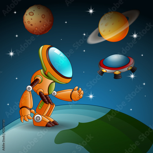 Robot cartoon outside the sky with ufo