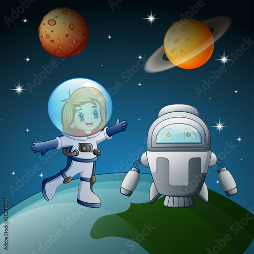 Astronaut and robot in the space