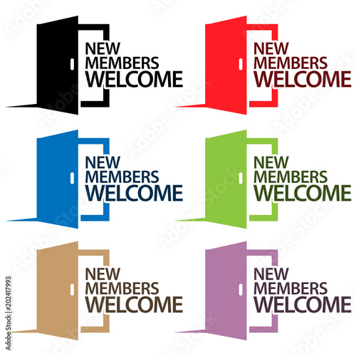 Door vector icon with text "New members welcome "