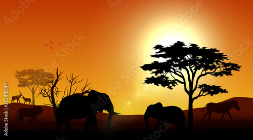 Silhouette animals on savannas in the afternoon © dreamblack46
