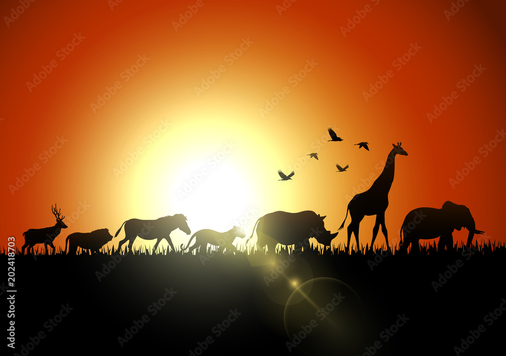 Fototapeta premium Silhouette animals on savannas 