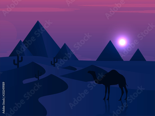 Camels in the desert night, moon, paper art