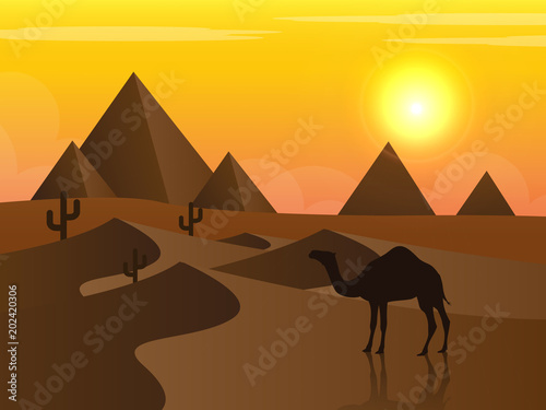 Camels in the desert night, moon, paper art