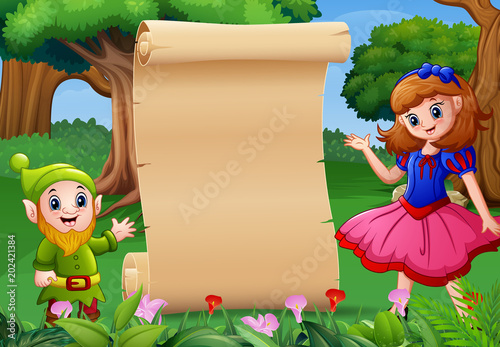 Snow white with dwarf and the blank sign