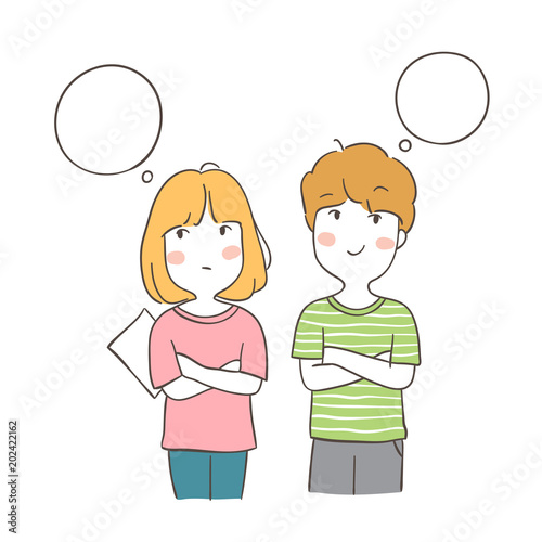 Vector illustration character design a boy and a girl thinking something about study and speech bubble