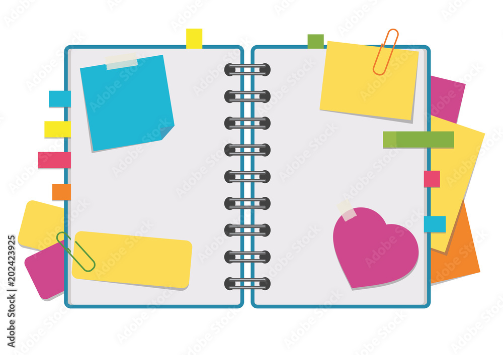 Fotografie Open notepad with clean sheets on a spiral with bookmarks between the pages