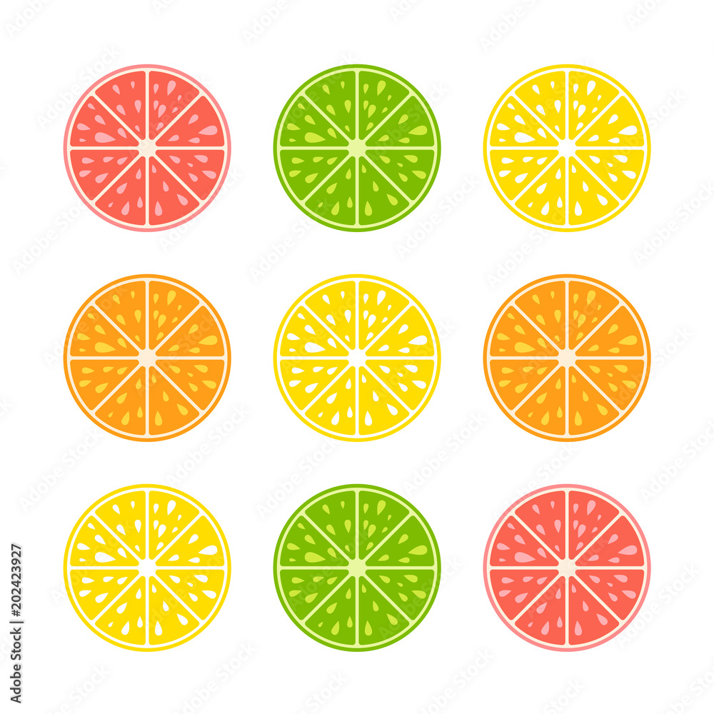 Set of colored isolated halves of mouth-watering fruits on a white background. Juicy, bright, delicious tropical food. Lime, lemon, grapefruit, orange. Simple flat vector illustration.