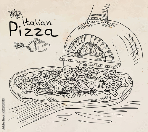 Beautiful illustration of Italian Pizza on the Cutting Board in the oven 
