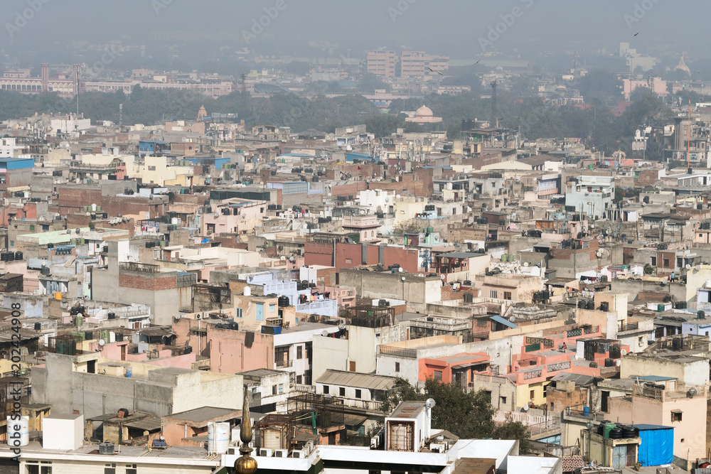 View of the old district of new Delhi. Fog, smog over the city. - obrazy, fototapety, plakaty 