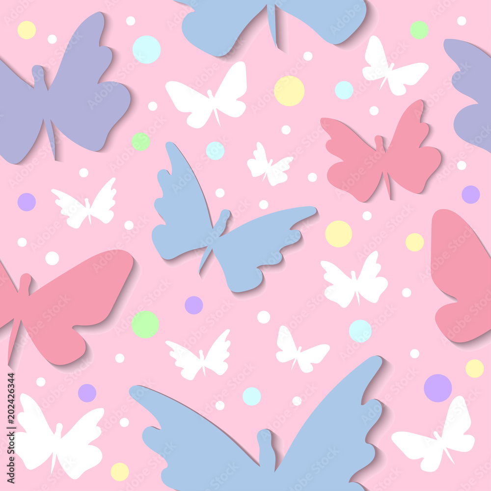 Vector and illustration seamless pattern of beautiful blue, pink, purple, and white color butterfly garden in Spring and Summer Vector and illustration seamless pattern of beautiful blue, pink, purple, and white color butterfly garden in Spring and Summer