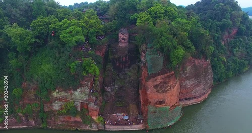 Giant Buddha, LeShan China, aerial drone view, 4k photo