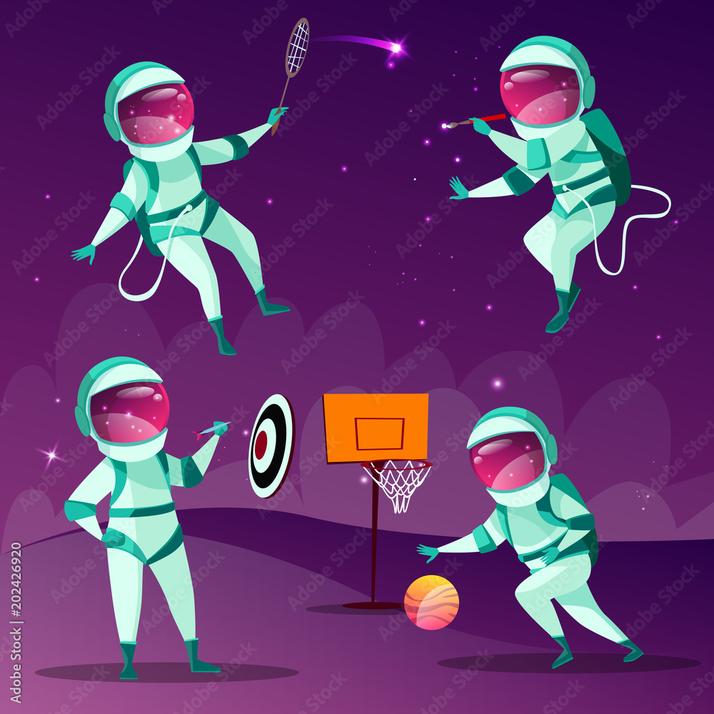 Vector funny spacemen playing darts, basketball, badminton and drawing in  outer space in spacesuit without gravity set. Cartoon characters,  astronauts leisure activity on cosmic purple background Stock Vector |  Adobe Stock