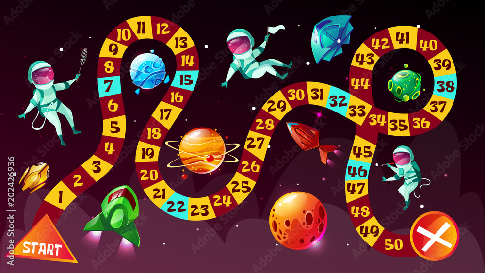 Naklejka Ilustracja wektorowa gra planszowa. Astronauci w grze planszowej ze strategią kosmiczną dzieciak kreskówka szablon lub gra wyścigowa tabletop z kostką, aby rozpocząć i zakończyć trasę kosmonautów w kosmicznych planetach