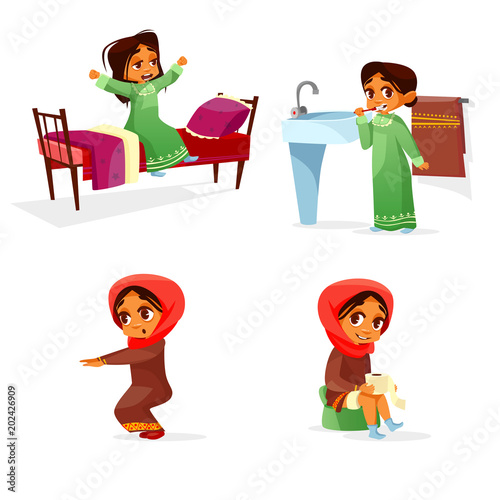 Vector cartoon arab girl morning routine activiti set. Female muslim khaliji characters hijab wake up stretch, brushing teeth doing squat gymnastics toilet hygiene. Illustration emirates kid lifestyle