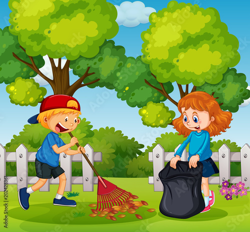 Boy and Girl Cleaning Garden