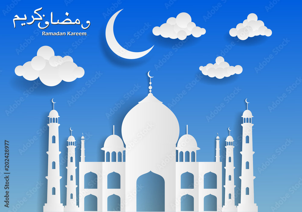 Ramadan Kareem greeting card islamic with silhouette mosque. Vector illustration