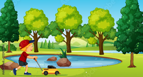 A Boy Gardening with Lawn Mower