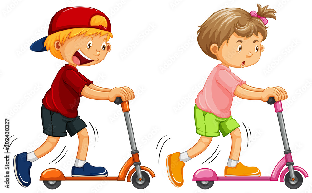 Boys Playing Kick Scooter on White Background Boys Playing Kick Scooter on White Background