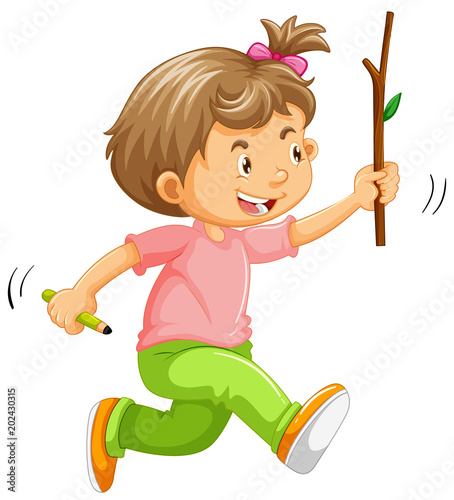 A Kid Running with Stick on Hand