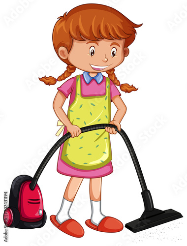 Girl vacuuming floor with vacuum cleaner