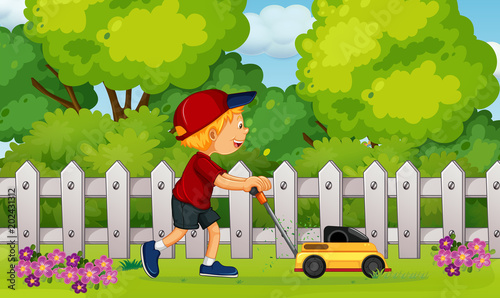 A Boy Cutting Grass with Lawn Mower