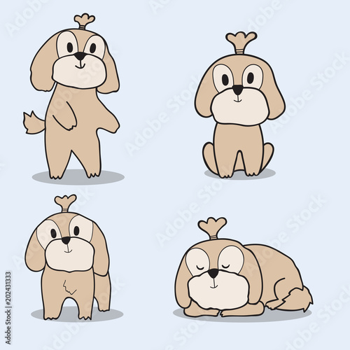 Cute doodle hand drawing shih tzu dog on blue background.