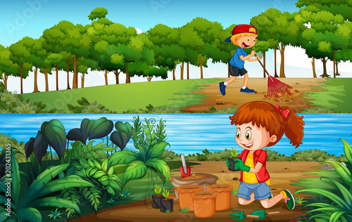 Boy and Girl Gardening in Forest