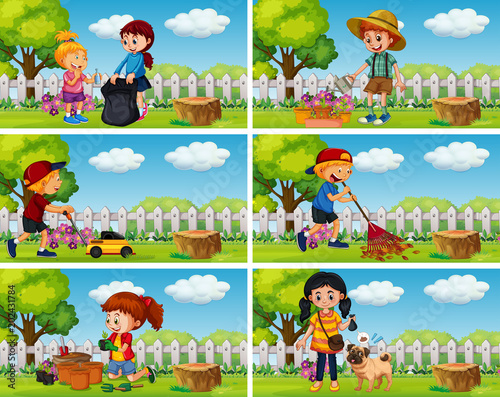 Good Children Doing Housework in Garden