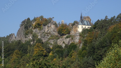 View on Vranov ruins with Pantheon, Mala skala, Bohemian paradise, Czech republic