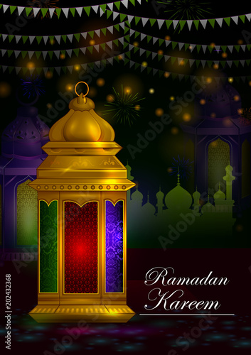 Decorated Arabic lantern in Eid Mubarak (Happy Eid) Ramadan background