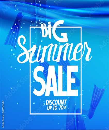 Girls in flippers in a sea water . Big summer sale poster. Vector illustration