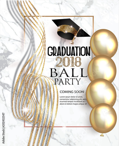 Graduation party banner with curly ribbon, air balloons and marble background. Vector illustration