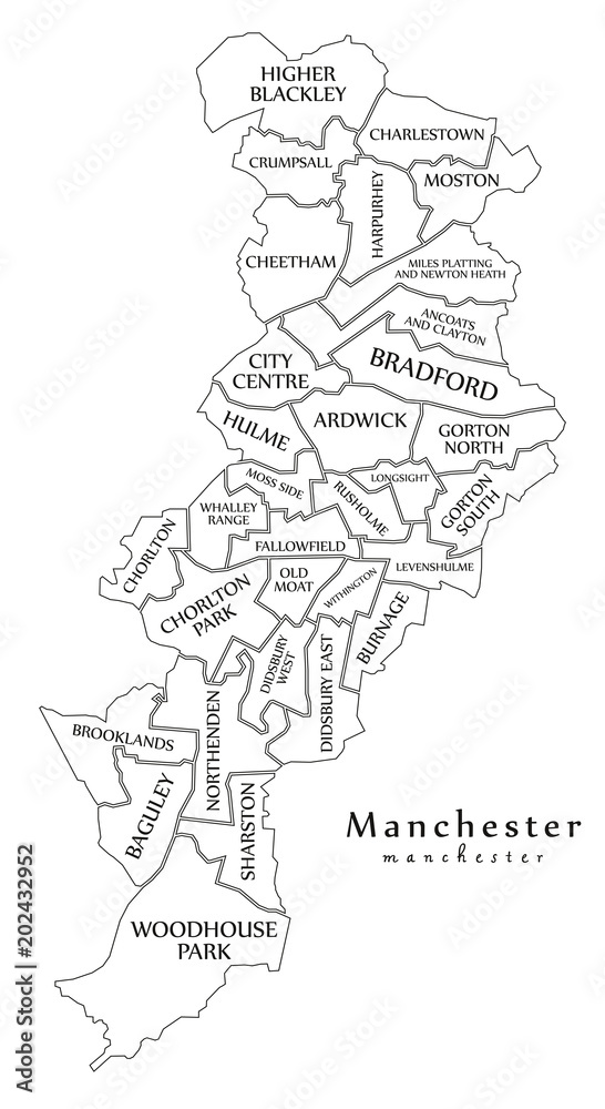 Modern City Map - Manchester city of England with wards and titles UK outline map