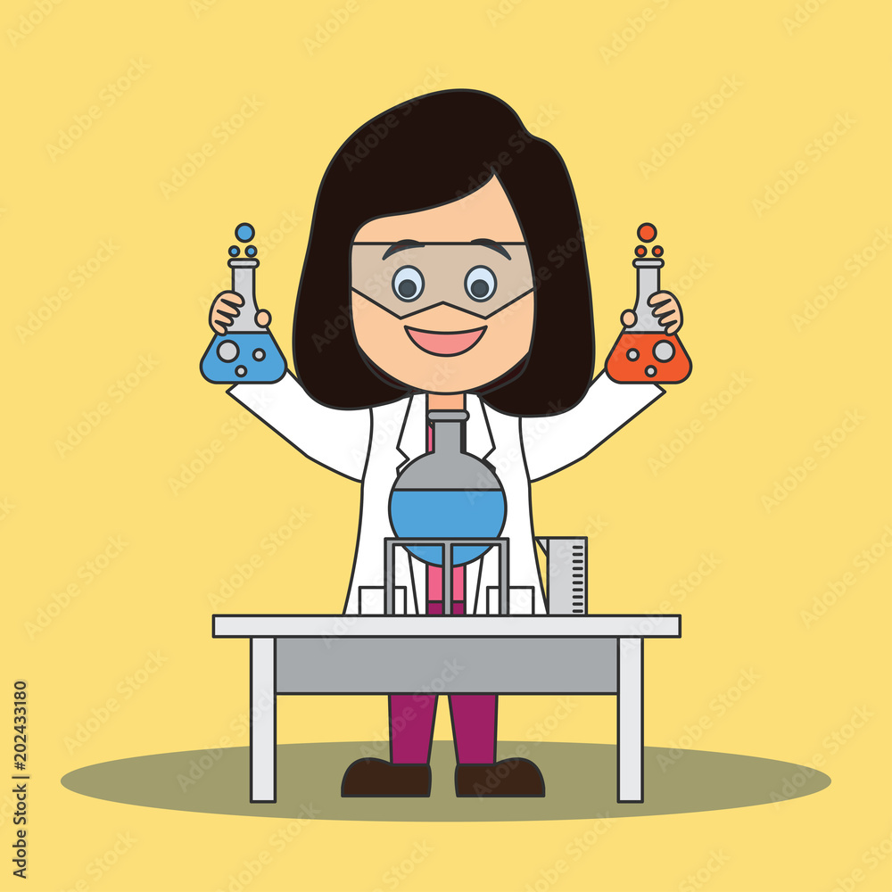 scientist woman doing research and analysis in a laboratory. cartoon  character. vector illustration Stock Vector | Adobe Stock