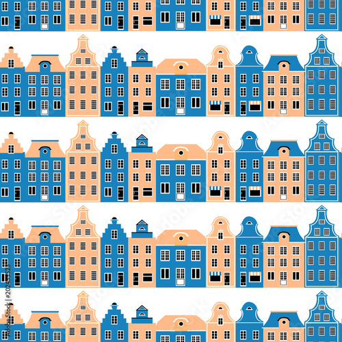 Decorative Seamless vector pattern cartoon building, colorful facade of burgher houses, texture background, european architectural flat style, Design mansion for travel wallpaper, scandinavian textile
