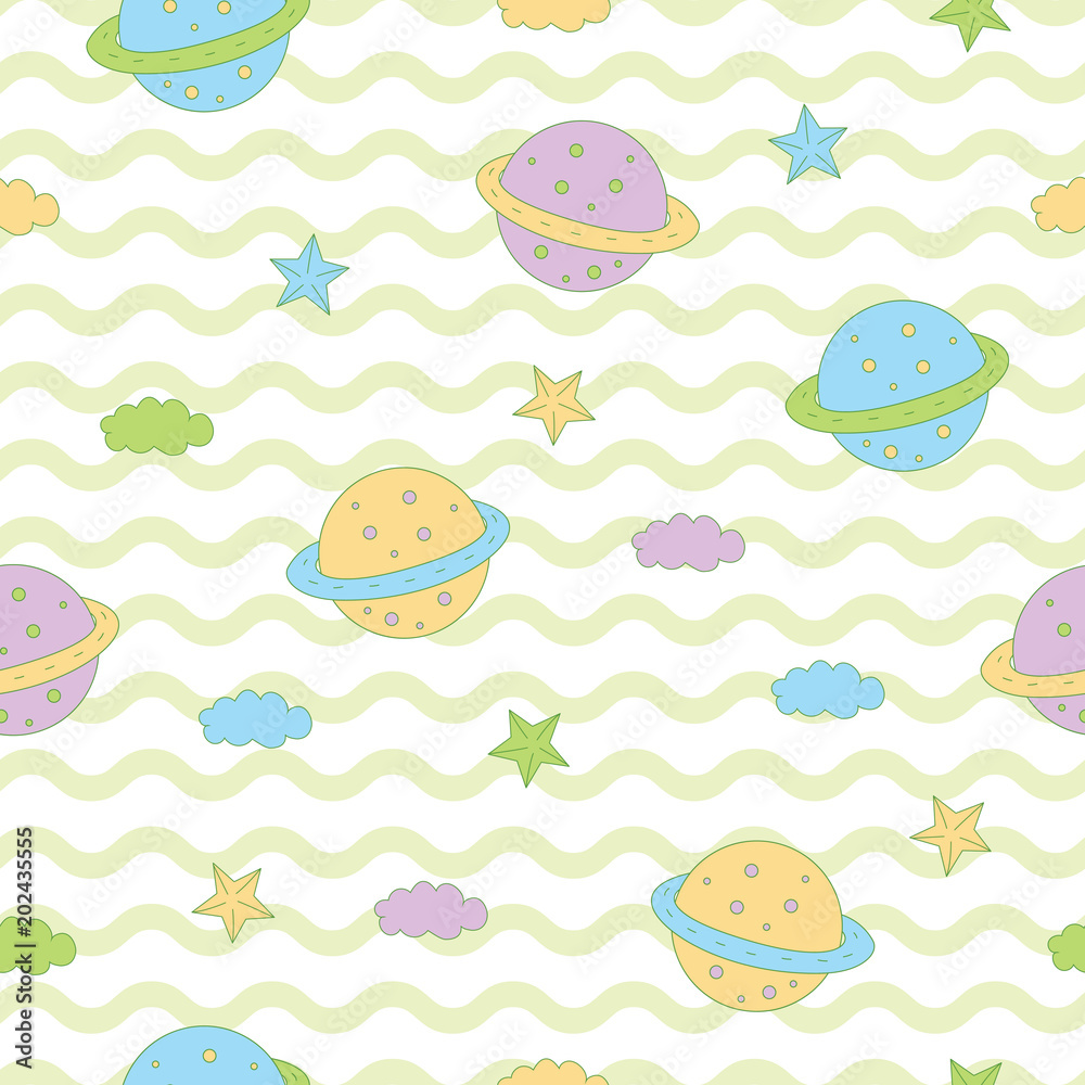 Sweet cute planet, star, cloud in wave background. A playful, modern, and flexible pattern for brand who has cute and fun style. Repeated pattern. Happy, bright, and magical mood.