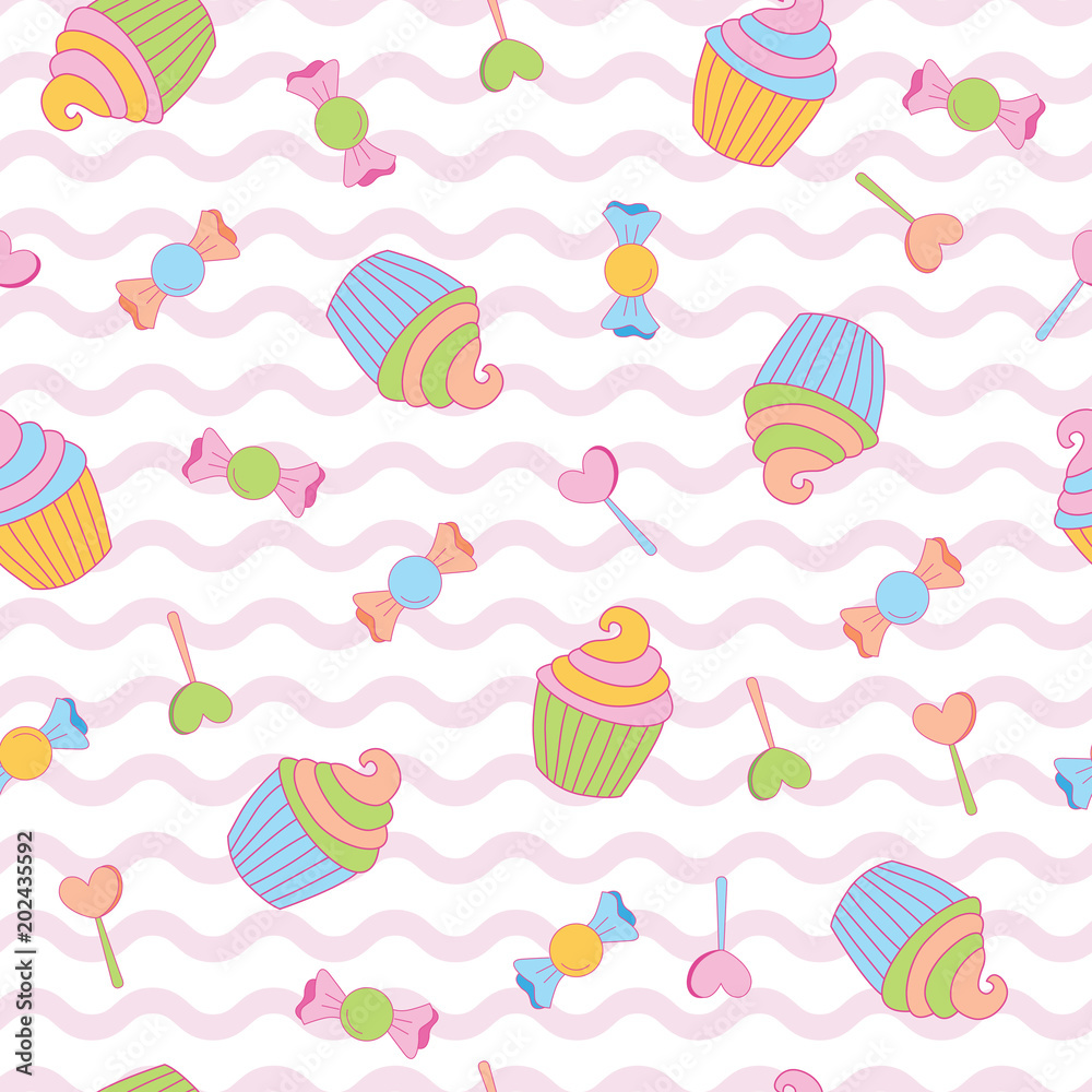 Sweet cute cupcake, candy, heart in wave background. A playful, modern, and flexible pattern for brand who has cute and fun style. Repeated pattern. Happy, bright, and magical mood.