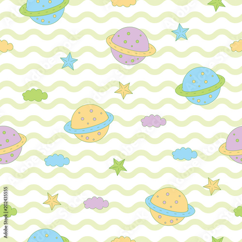 Sweet cute planet  star  cloud in wave background. A playful  modern  and flexible pattern for brand who has cute and fun style. Repeated pattern. Happy  bright  and magical mood.