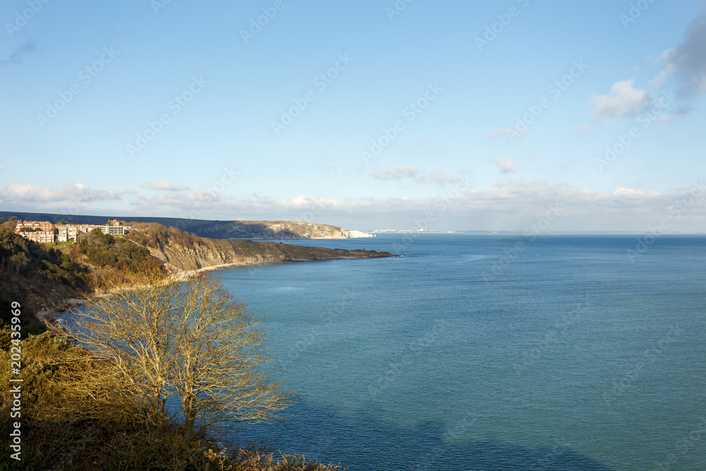 Coast view from Durlston looking towards Swanage Old Harry Rocks and Bournemouth