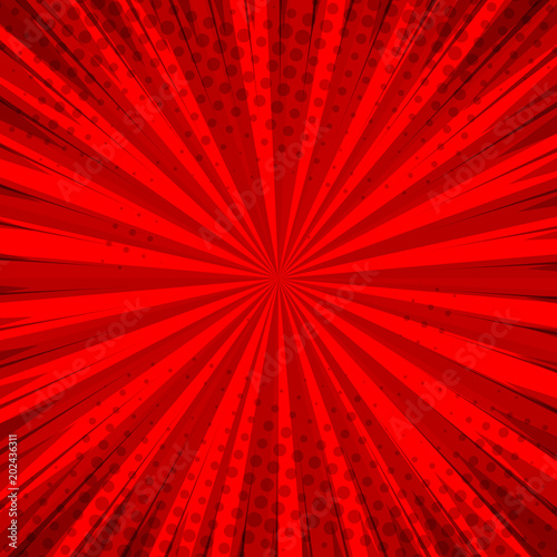Abstract comic red background for style pop art design. Retro burst template backdrop. Light rays effect. Vintage comic book style, halftone modern print texture, vector.