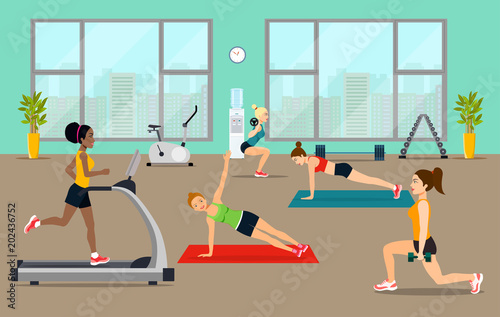 Empty gym with exercise equipment. Girls pick up a dumbbell and do cardio in the gym. Vector flat style illustration