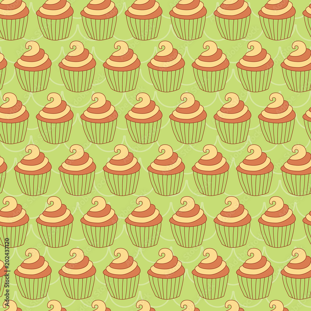 Orange yellow cupcake in green background. A playful, modern, and flexible pattern for brand who has cute and fun style. Repeated pattern. Happy, bright, and magical mood. Orange yellow cupcake in green background. A playful, modern, and flexible pattern for brand who has cute and fun style. Repeated pattern. Happy, bright, and magical mood.