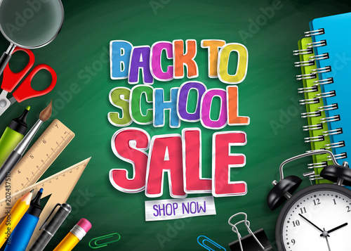 Back to school sale vector banner design with sale text, school elements and education items in green background for discount promotion. Vector illustration. 